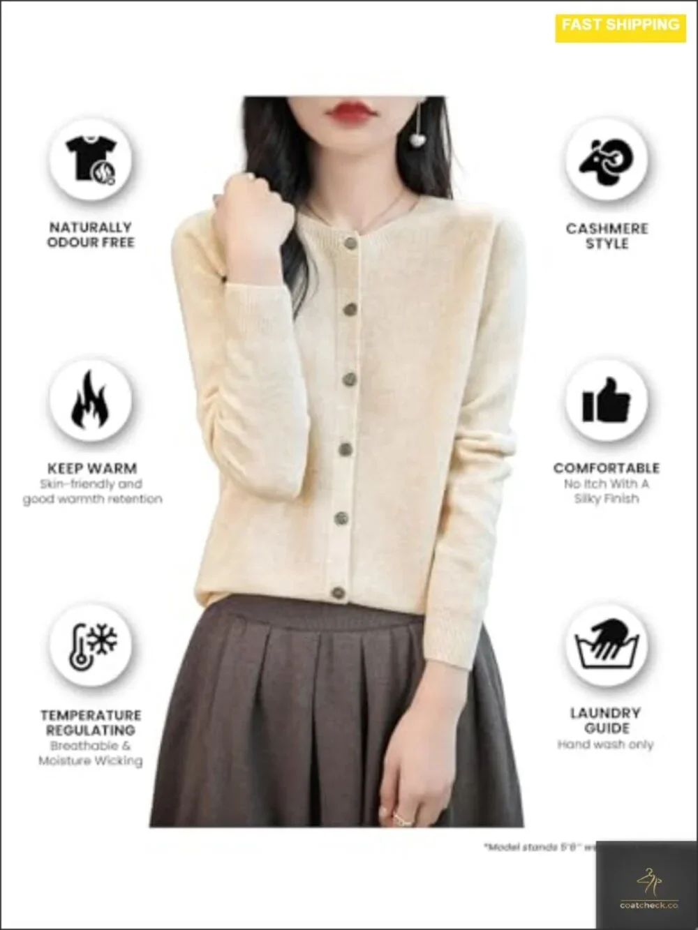 100% Merino Wool Crewneck Cardigan Sweater Long Sleeve Seamless Knit